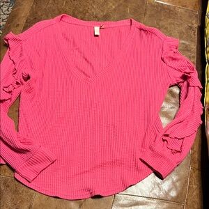 Anthropologie Pilcro pink thermal v neck ruffle sleeve top